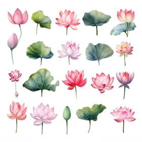 水彩绘荷花与荷叶图案