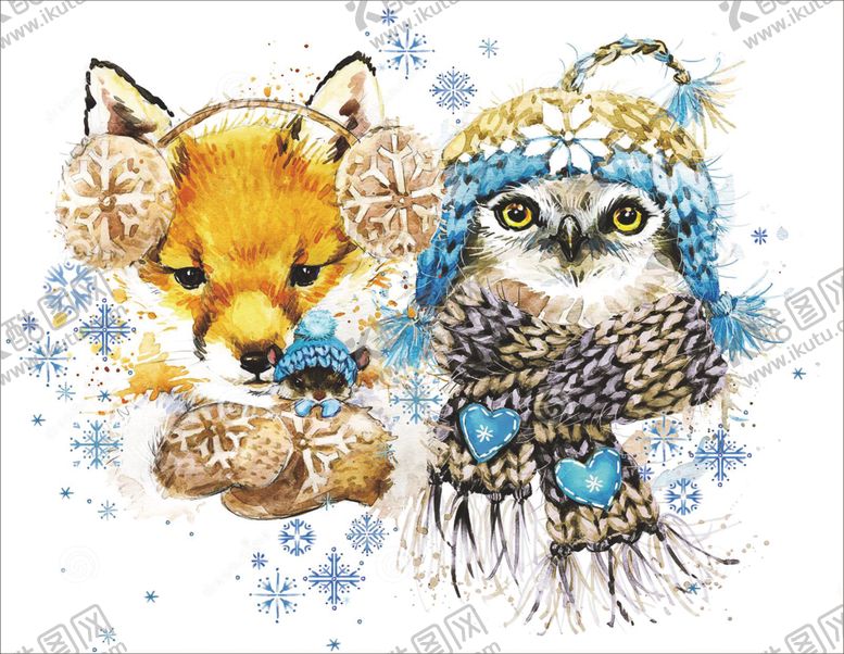 编号：93280910050053461038【酷图网】源文件下载-狐狸毛球雪花猫头鹰手绘