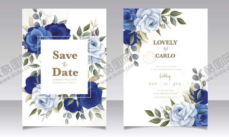 编号：61181809231004279880【酷图网】源文件下载-蓝花婚礼请柬设计