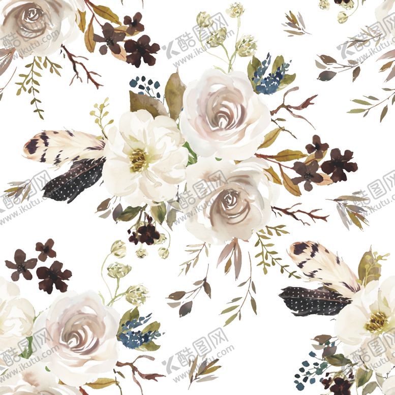 编号：40589509240012479516【酷图网】源文件下载-手绘水彩花朵羽毛