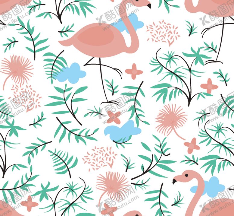 编号：44782209101235579933【酷图网】源文件下载-火烈鸟与植物卡通印花