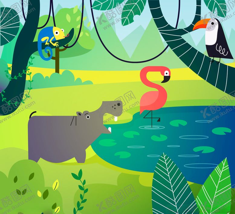 编号：16182809191101085805【酷图网】源文件下载-可爱森林池塘动物矢量素材