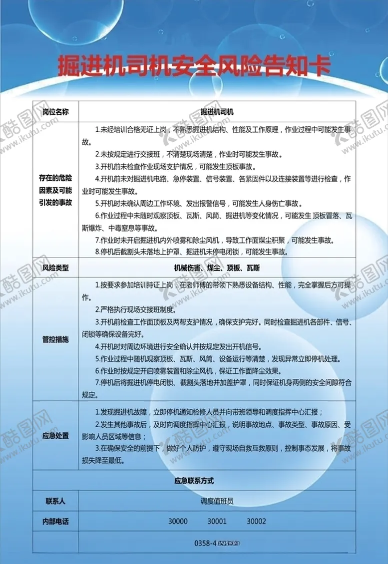 编号：39253504270828174318【酷图网】源文件下载-掘进机司机安全风险告知卡