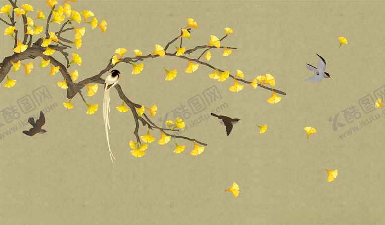 编号：50347506191721549190【酷图网】源文件下载-花鸟画银杏树背景墙