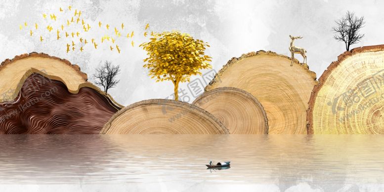 编号：64592810110350493785【酷图网】源文件下载-新中式金色年轮山水抽象装饰画