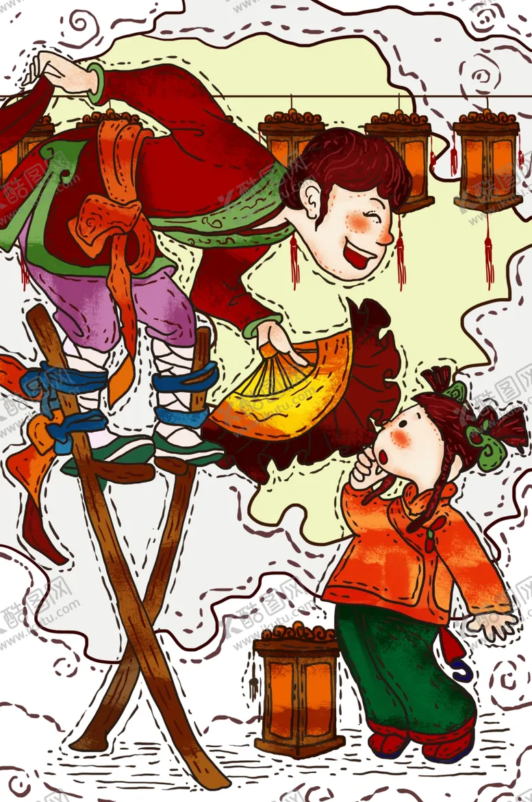 编号：24422304162206067671【酷图网】源文件下载-踩高跷传统人物插画背景海报素材