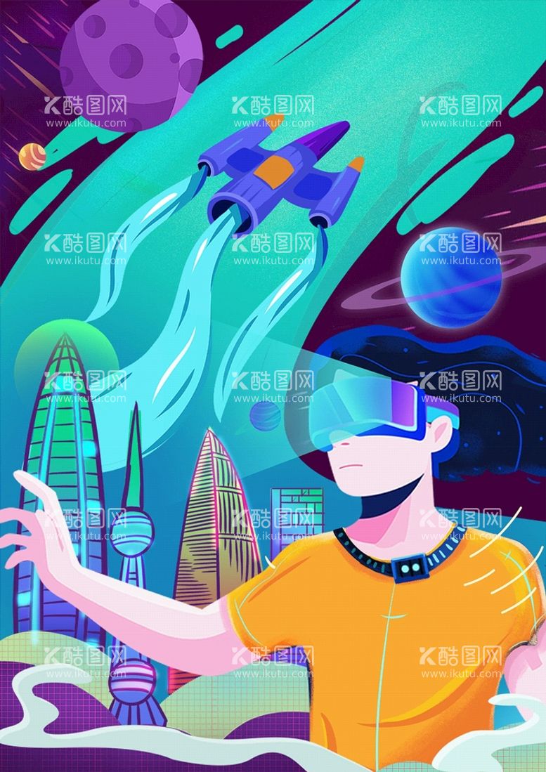 编号：91948311291403519224【酷图网】源文件下载-VR时代元宇宙太空科幻飞船插画