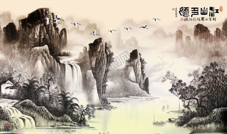 编号：17068405040600546460【酷图网】源文件下载-水墨山水小船鹤背景墙