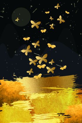 飞鸟烫金传统复古墙贴壁画素材