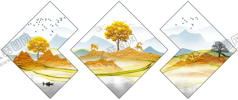 编号：02471810031108011682【酷图网】源文件下载-金色麋鹿山水意境晶瓷画