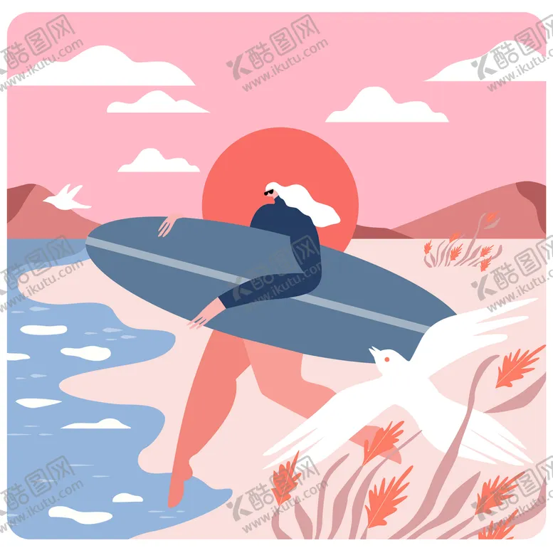 编号：48250609230626303491【酷图网】源文件下载-扁平海边冲浪女孩