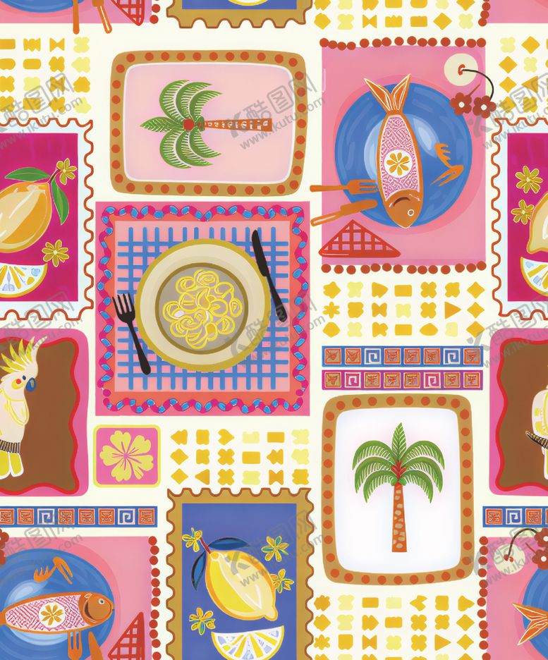 编号：45504504072108378599【酷图网】源文件下载-热带风情美食拼接图案