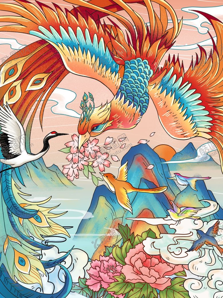 编号：50217309190333348185【酷图网】源文件下载-百鸟朝凤国潮插画
