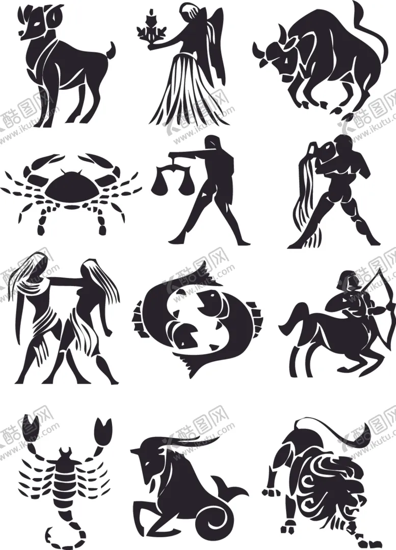 十二星座黑白矢量图图插画