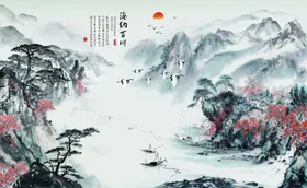 海纳百川壁画背景墙风景背景墙水墨山水画现代简约