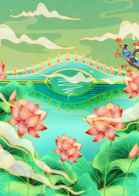 夏日荷塘山水梦幻景致