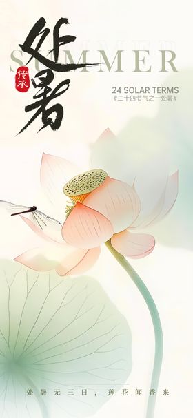 二十四节气处暑海报蜻蜓插画荷花