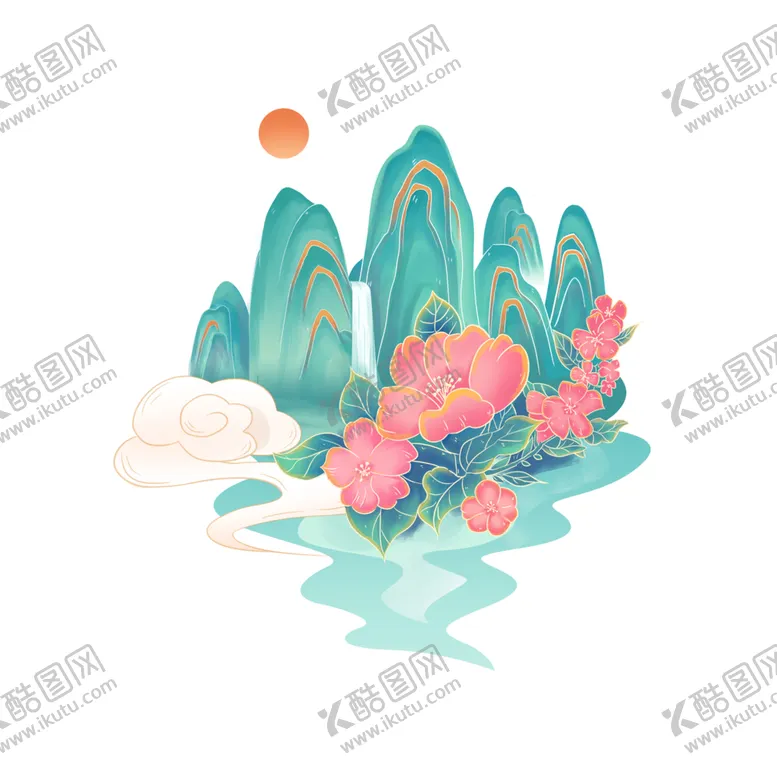 编号：38654702261434532465【酷图网】源文件下载-山峰花朵日落古风