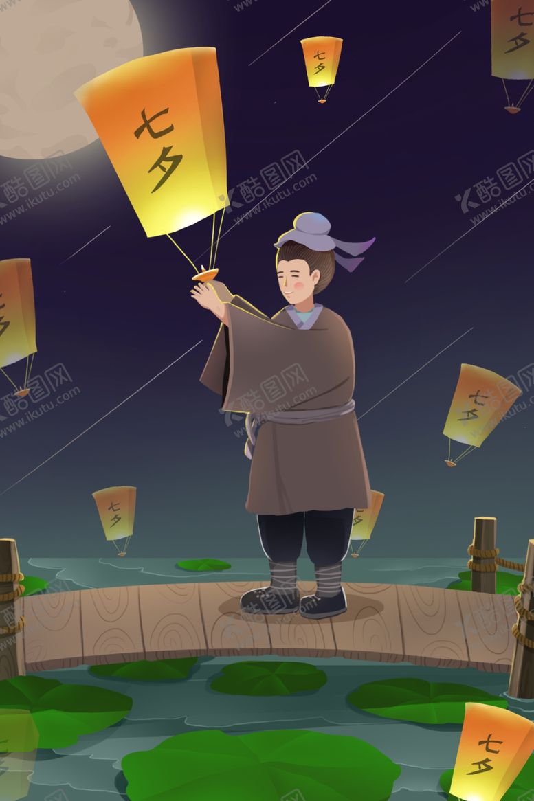 编号：58066309221608047538【酷图网】源文件下载-七夕情人节孔明灯插画