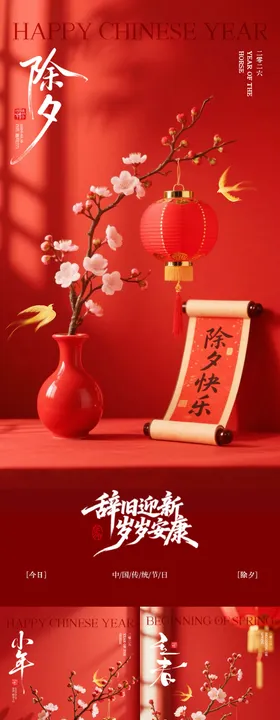 小年除夕立春中式插画系列海报