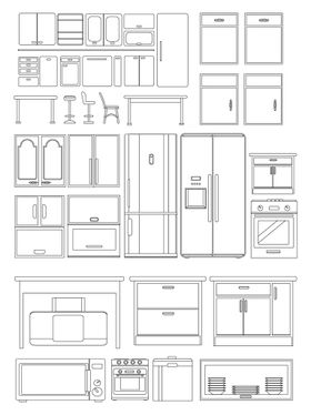 厨房烹饪工具厨房橱柜线描手绘卡