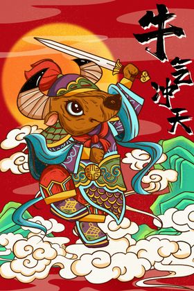 手绘牛年国潮手绘牛