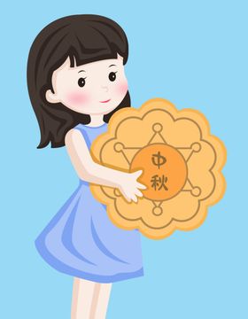 中秋节之手绘卡通女孩抱着大月饼