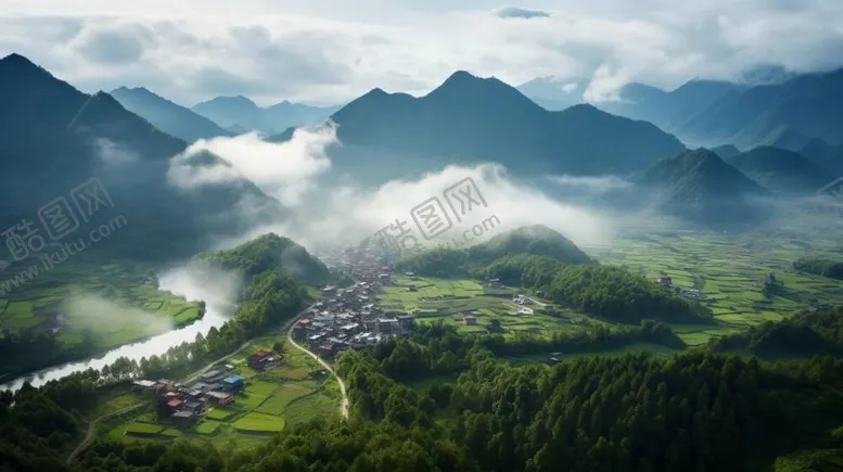 编号：23654912041746209958【酷图网】源文件下载-云雾缭绕的山村