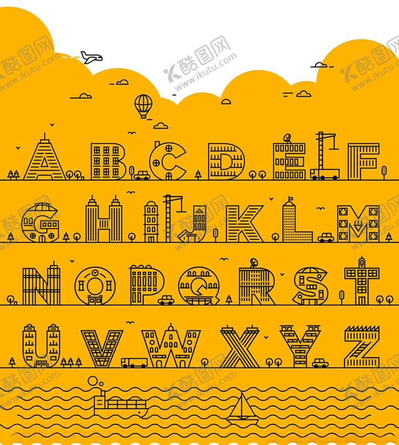 编号：80079910212353339384【酷图网】源文件下载-矢量楼房样式的英文字母元素