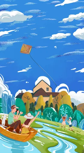 春天插画绿色背景彩绘素材
