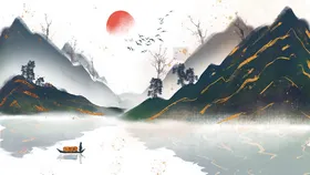 中国风山水背景画客厅墙画墨