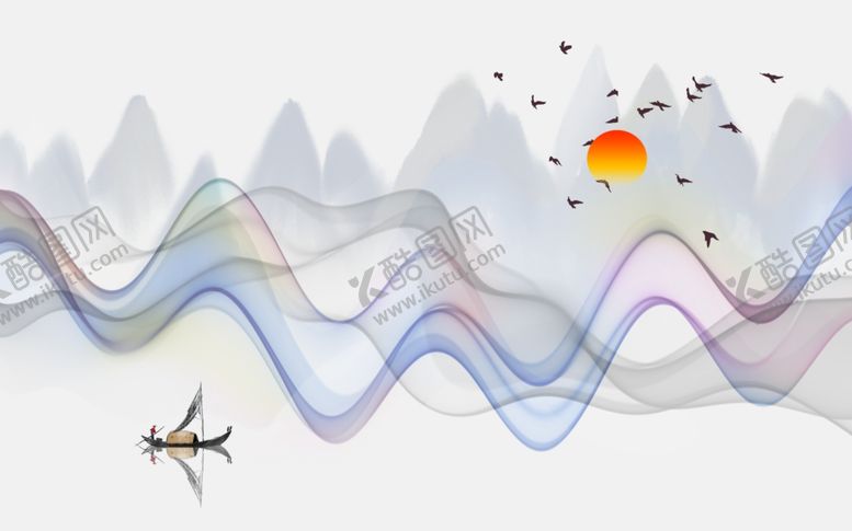 编号：29254809241454461350【酷图网】源文件下载-水墨山水小船背景墙