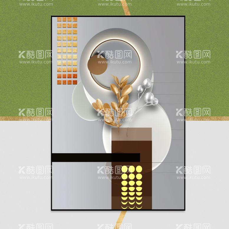 编号：49236711241844456895【酷图网】源文件下载-树叶几何方块挂画装饰画