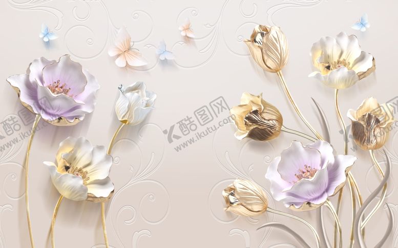 编号：56263109291930516225【酷图网】源文件下载-浮雕花郁金香蝴蝶背景墙