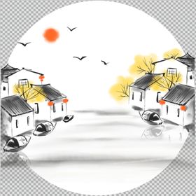 圆形装饰画中式风格新中式背景墙风景背景墙手绘背景墙