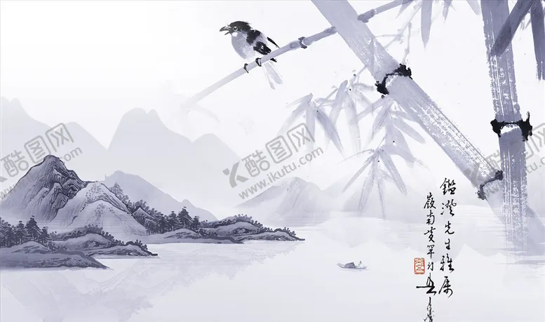 编号：18926506161241358735【酷图网】源文件下载-水墨山水竹子小船背景墙
