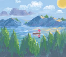 湖畔泛舟赏景的惬意时刻