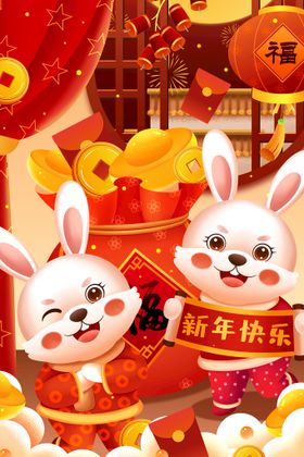 新年快乐兔年手绘插图