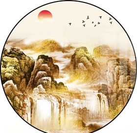 新中式圆形山水画花鸟装饰画挂画