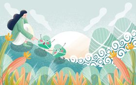 端午节插画划龙舟国潮粽子吊旗