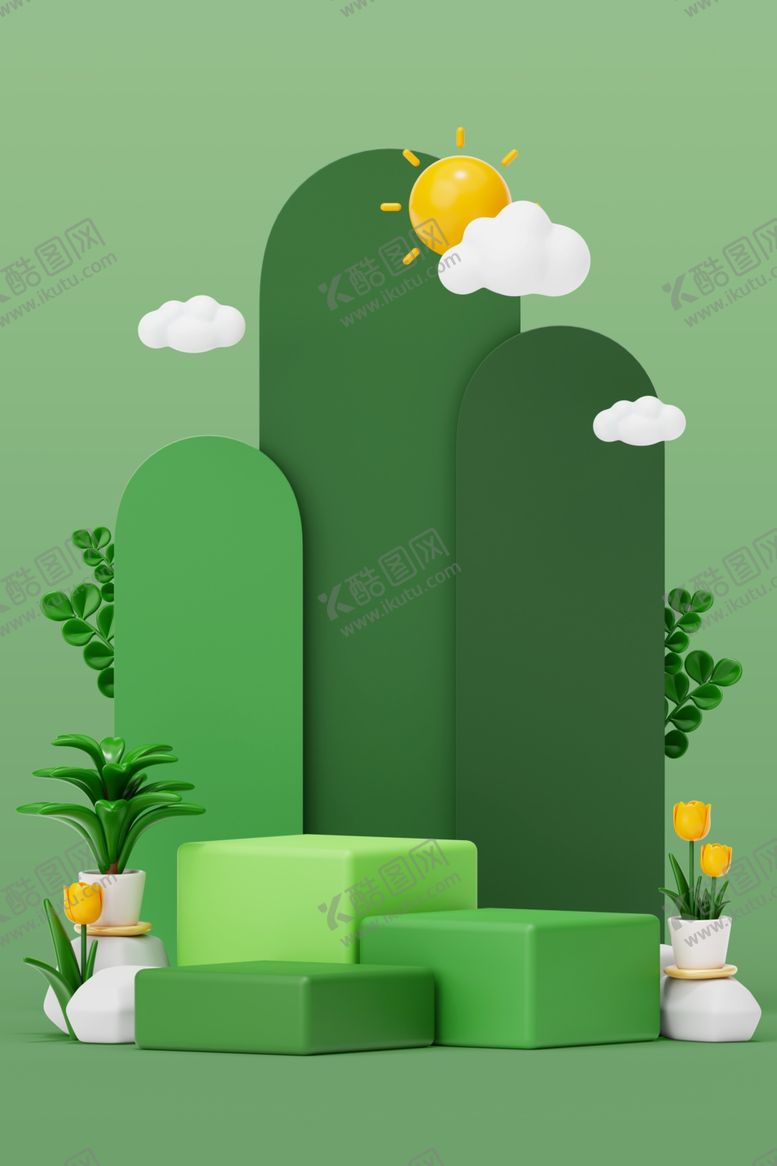 小清新绿色展台3d花白云花卉