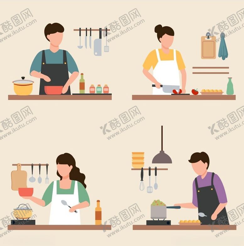 编号：81544305071410124676【酷图网】源文件下载-多样人物的厨房烹饪场景