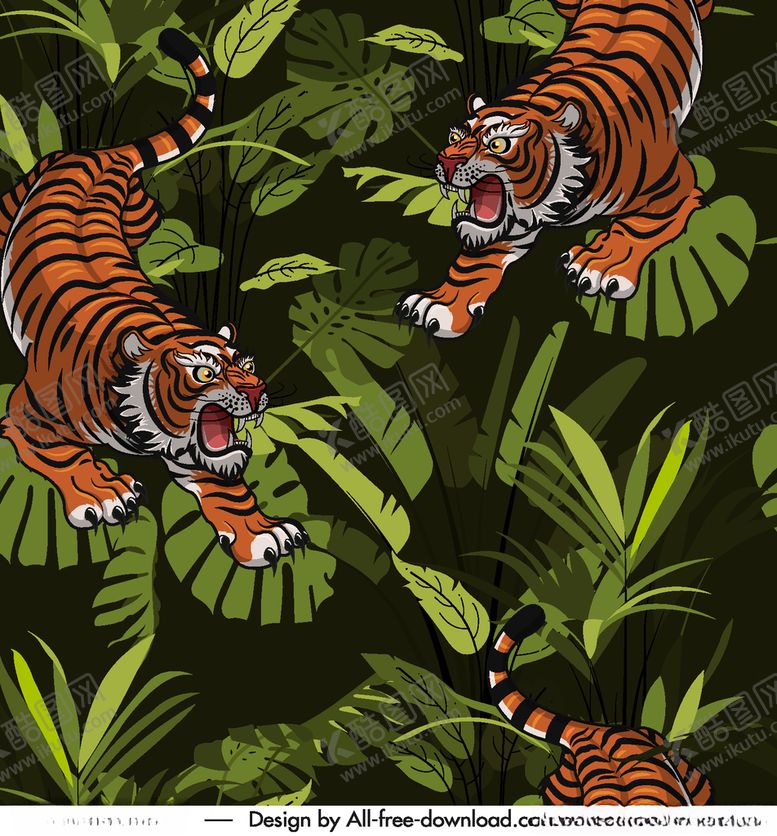编号：47146909130959471152【酷图网】源文件下载-创意咆哮老虎树叶无缝背景