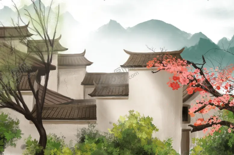 编号：64289507020954125898【酷图网】源文件下载-江南小镇建筑复古背景海报素材