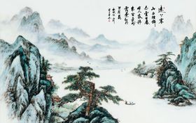 山水风景飘带松树鹤 小船背景墙