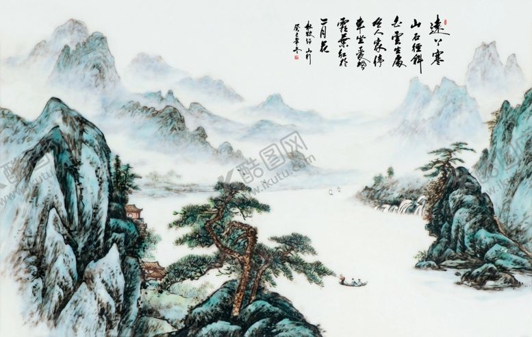 编号：22181810132112038444【酷图网】源文件下载-水墨山水小船松树背景墙