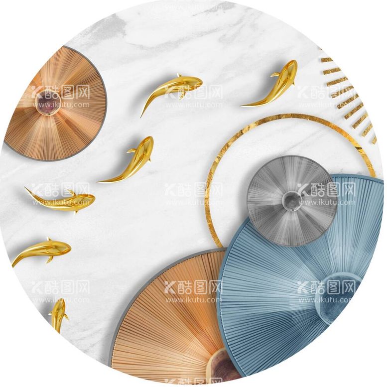 编号：23229912042310233610【酷图网】源文件下载-游鱼几何圆环圆形挂画装饰画