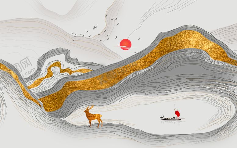 编号：44181905040113463737【酷图网】源文件下载-新中式线条创意山水玄关屏风画背