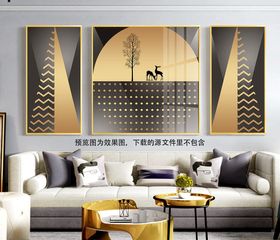 麋鹿风景画金箔三联挂画装饰画