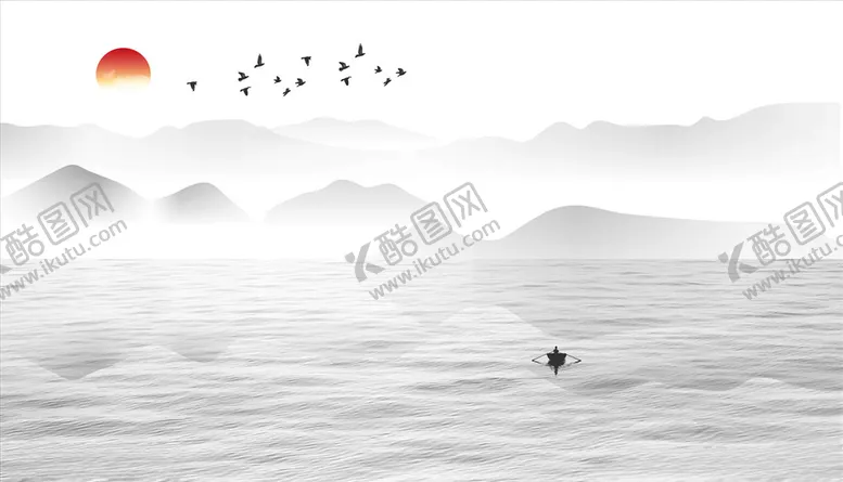 编号：75400604250352464661【酷图网】源文件下载-水墨画水波纹小船太阳